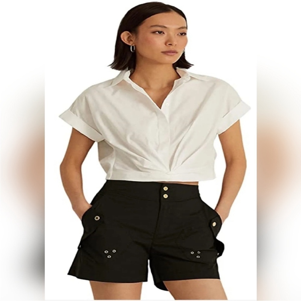 Ralph Lauren Twist Front Cotton Broadcloth Shirt White Womens Dolman Sleeve